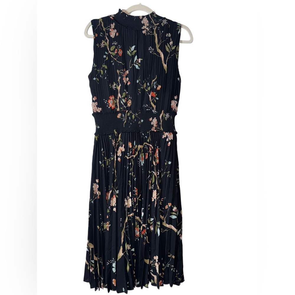 Nanette Lepore Black Pleated Midi Dress Mock Neck Sleeveless